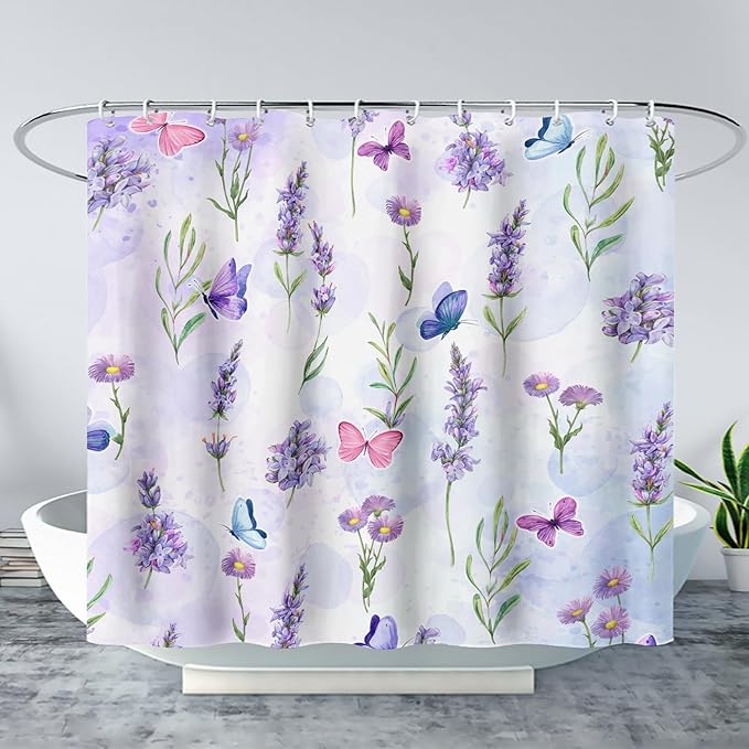 AILONEN Purple Flower Butterfly Shower Curtain 72" W*96" H,Spring Floral Girls Bathroom Decor,Modern Tie Dye Watercolor Butterfly Bath Curtain Polyester Waterproof Bathroom Curtain with Hooks