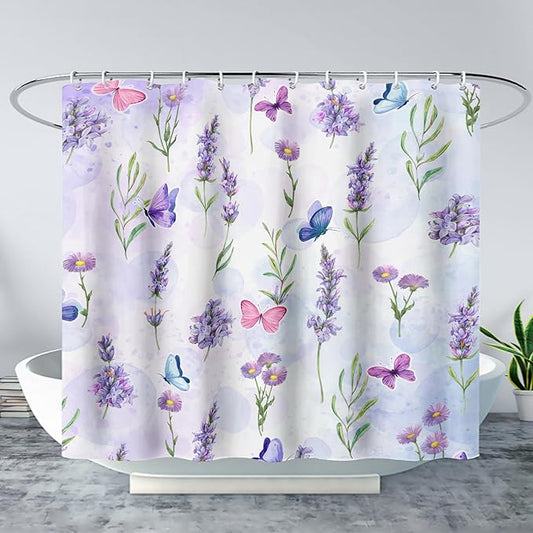AILONEN Purple Flower Butterfly Shower Curtain 72" W*84" H,Spring Floral Girls Bathroom Decor,Modern Tie Dye Watercolor Butterfly Bath Curtain Polyester Waterproof Bathroom Curtain with Hooks