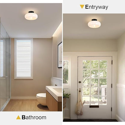 Mid-Century Modern Semi Flush Mount Ceiling Light, Metal Kitchen Light Fixture with Glass Shade,Vintage White and Black Colse to Ceiling Lamp for Entryway Hallway Bathroom (8.66 Inch)