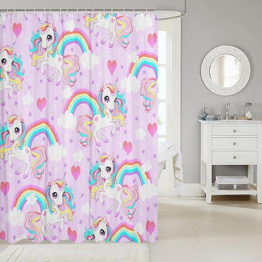 Feelyou Unicorn Shower Curtain Kids Toddler Boys Girls Cute Unicorn Bath Curtain Cartoon Unicorn Bathroom Shower Curtain Set Girl Unicorn Kids Bathroom Accessories 72"x84"