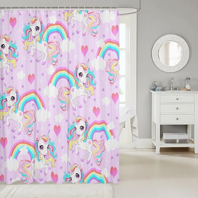 Feelyou Unicorn Shower Curtain Kids Toddler Boys Girls Cute Unicorn Bath Curtain Cartoon Unicorn Bathroom Shower Curtain Set Girl Unicorn Kids Bathroom Accessories 72"x72"