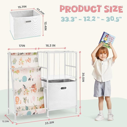 Kids Bookshelf and Toy Storage Organizer, 3 Tier Bookcase Book Shelf Stuffed Animal Storage with Toy Bins for Toddler Kids Rooms, Bedroom, Playroom, Nursery, Montessori Baby Toddler