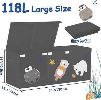 Large Toy Box Storage Chest,Sturdy Toys Storage Organizer Bin Basket with Dividers and Lids for Toddlers,Boys,Girls,Nursery,Closet,Living Room Area,Playroom(Grey Animals)