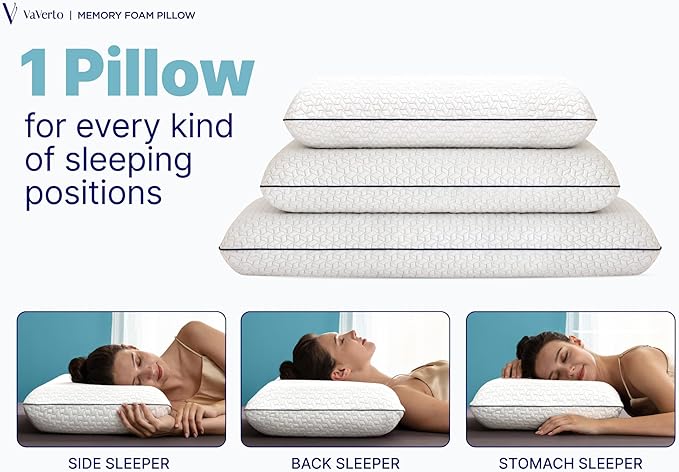Vaverto King Size Gel Memory Foam Pillow: Ventilated, Orthopedic, Contoured Support, Cooling Design with Viscose Made from Bamboo Cover - Dorm Room Essential