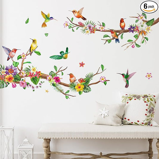 Zonon Flowers Wall Decals Vinyl Dragonflies Flowers Wall Stickers Removable Floral Wall Murals Peel and Stick Colorful Flower Wall Decor for Bedroom Living Room Nursery(Hummingbirds)