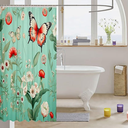 Feelyou Floral Flower Fabric Shower Curtain Red Butterfly Shower Curtain for Teens Green Bathroom Waterproof Accessories with 12 Hooks Flower Botanical Curtains,72x84 Inches