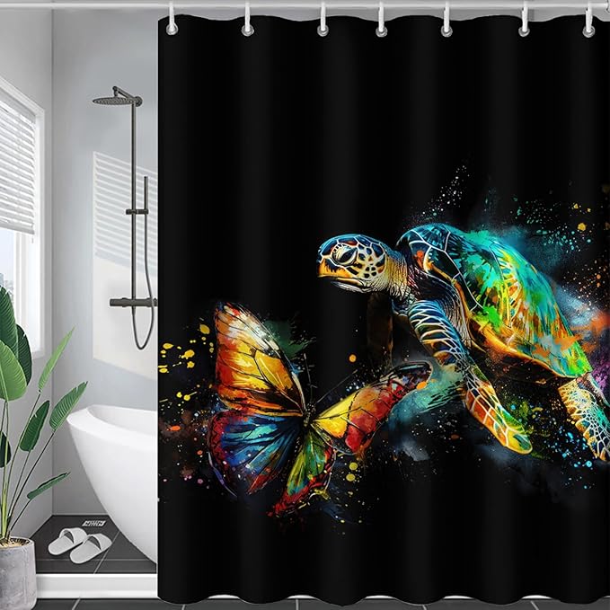 AILONEN Sea Turtle Shower Curtain, Tie Dye Turtle and Butterfly Bathroom Curtain,Minimalist Black Bath Curtain 72" W*84" H Polyester Waterproof Bathroom Curtain with 12 Hooks