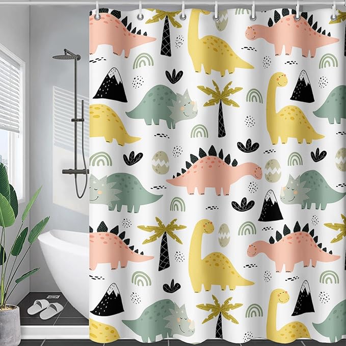 AILONEN Dinosaur Shower Curtain for Kids Boys Girls, Cute Kawaii Dinosaur Bathroom Curtain,Tropic Tree Leaves Printed Bath Curtain 72" W*78" H Polyester Waterproof Bathroom Curtain with 12 Hooks
