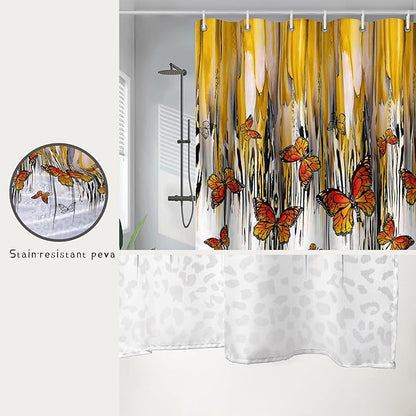 AILONEN Butterfly Shower Curtain for Bathroom Yellow Ink Fluid Painting Grey Leopard Bath Curtain 48" W*72" H Polyester Fabric Waterproof Bathroom Curtain with 12 Hooks