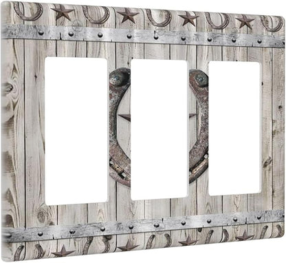 Rustic Western Wood Barn Door Horseshoe Iron Star 3 Gang Rocker Light Switch Covers Triple Outlet Wall Plate Decorative Switchplate Cover Faceplate GFCI for Farmhouse Country Bedroom Decor