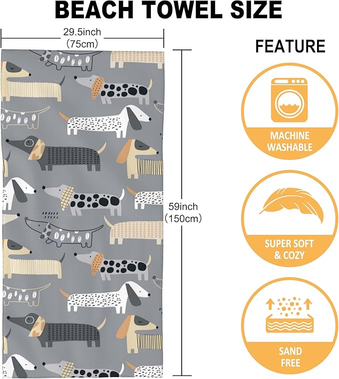 Beach Towel Oversized, Cute Dachshund on Grey Microfiber Beach Towels, Lightweight, Absorbent, Quick Dry, Sand-Free Beach Blanket, Unique and Ideal Gift for Camping, Pool,Yoga, 29.5” X 59”