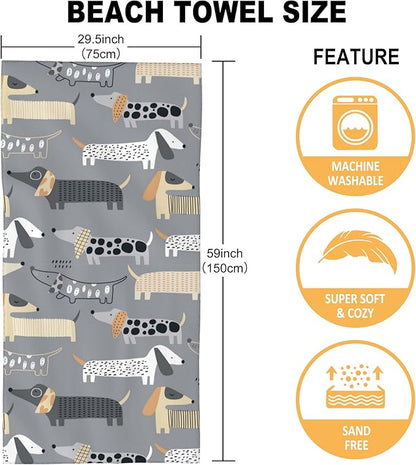 Beach Towel Oversized, Cute Dachshund on Grey Microfiber Beach Towels, Lightweight, Absorbent, Quick Dry, Sand-Free Beach Blanket, Unique and Ideal Gift for Camping, Pool,Yoga, 29.5” X 59”
