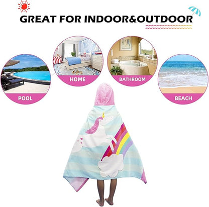 BANGSAUR Kids Beach Towels with Hood, Soft Cotton 50x30 inches Toddlers Girls Baby 3-12 Years Bath Pool Swiming Towel Wrap Cloud Unicorn