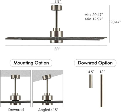 60" Modern Ceiling Fan with Lights and Remote Control, 5 Solid Wood Blades 6-Speed Noiseless Reversible DC Motor, Ceiling Fan for Bedroom Dinning Living Room, Nickel Finish with Wood Blades