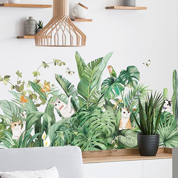 Green Plants Wall Stickers Cat Parrot Butterfly Cactus Wall Decals Bedroom Living Room Sofa TV Background Wall Classroom Office Children's Room Wall Decor