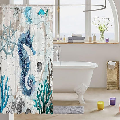 Feelyou Seahorse Fabric Shower Curtain Ocean Shower Curtain for Kids Boys Girls Marine Life Bathroom Waterproof Accessories with 12 Hooks Sea Animal Curtains,72x78 Inches