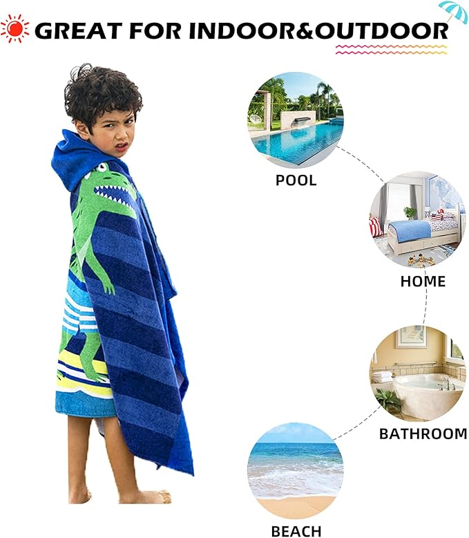 BANGSAUR Kids Hooded Beach Bath Towels, 100% Cotton 50"x30" Wrap Blanket, Toddlers Boys 3-12 Years Coverup Towel White Shark