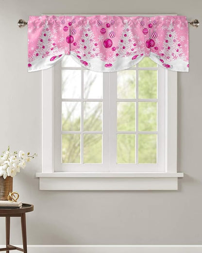 Pink Christmas Blackout Tie Up Valance Curtains for Kitchen Windows White Xmas Tree Snowflakes Pink Balls Window Toppers Balloon Shades for Living Room/Bathroom/Bedroom,1 Panel, 42" X 18", Winter