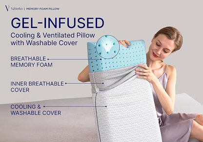 Vaverto King Size Gel Memory Foam Pillow: Ventilated, Orthopedic, Contoured Support, Cooling Design with Viscose Made from Bamboo Cover - Dorm Room Essential