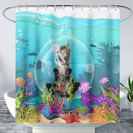 AILONEN Funny Cat Shower Curtain for Bathroom, Ocean Animal Print Shower Curtain, 72" W*72" H Waterproof Polyester Cat Lover Shower Curtain Decor Bathroom with Grommets and Hooks