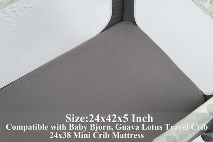 Muslin Travel Crib Fitted Sheets Compatible with Baby Bjorn, Guava Lotus Travel Crib and 24 x 42 Inch Travel Light Playard Mattress Snuggly Soft 100% Cotton Grey & Navy
