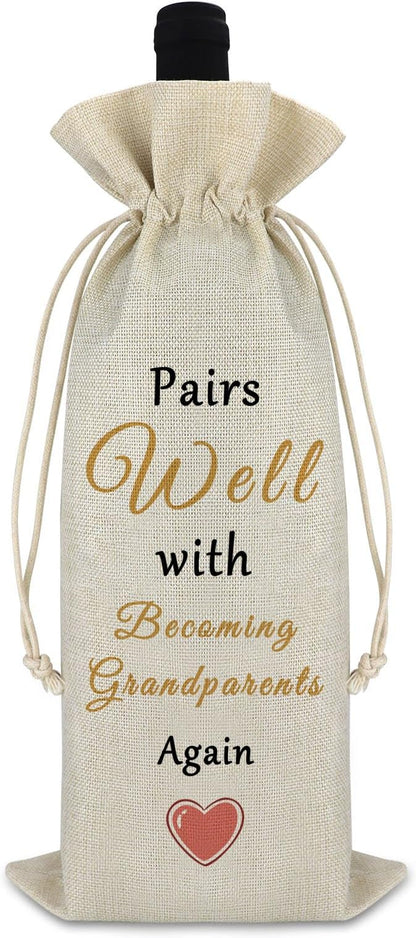 Pregnancy Announcement Gift for Being Grandparents Again Baby Reveal Gift New Baby Gift Baby Announcement Drawstring Wine Bag Gift for Family Baby Shower Party Decors Reusable Wine Wrap Bag