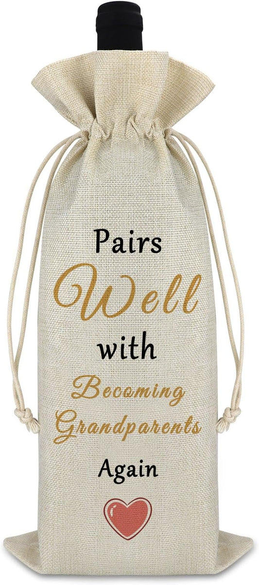 Pregnancy Announcement Gift for Being Grandparents Again Baby Reveal Gift New Baby Gift Baby Announcement Drawstring Wine Bag Gift for Family Baby Shower Party Decors Reusable Wine Wrap Bag