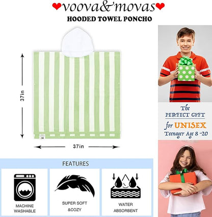 VOOVA & MOVAS Big Kids Hooded Towel Poncho | Large, Thick, Absorbent Cotton Towel Robe | 8-16Years | Versatile for Pool, Swim, and Bathroom | Sage and White Cabana Stripe