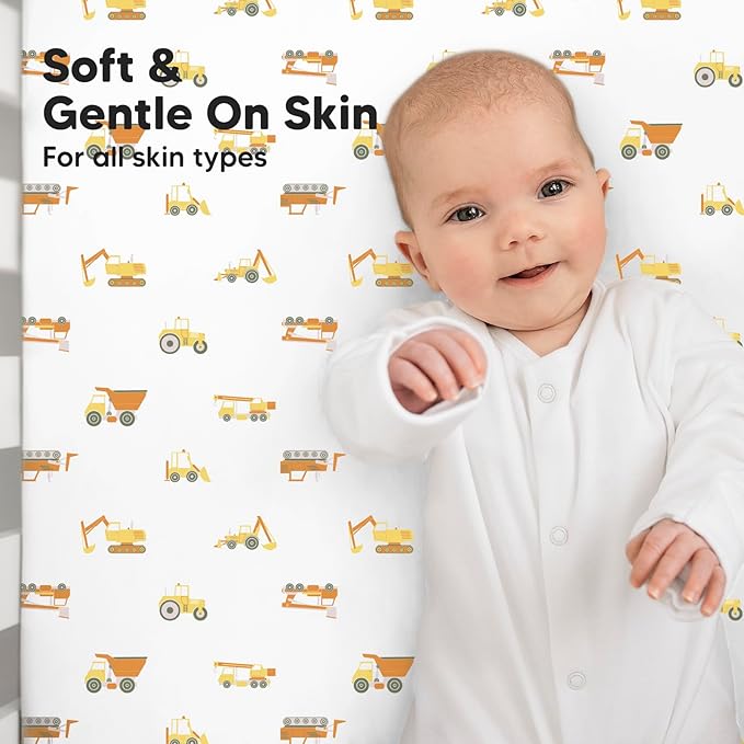 2-Pack Crib Sheets for Boys,Girls - Viscose Derived from Bamboo Fitted Crib Sheet, Organic Baby Crib Sheets, Crib Mattress Sheet,Toddler Bed Sheets, Baby Sheets for Crib Fitted Sheets (Construction)