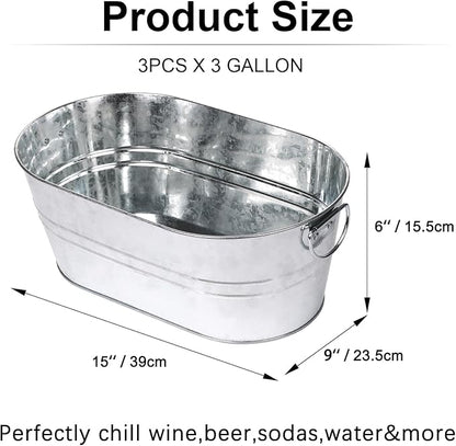Galvanized Tub Beverage Tubs, 3pcs Metal Ice Buckets for Cocktail Bar 3 Gallon Wine Beer Drink Buckets with Handles Large Tin Tub Cooler Mimosa Bar Supplies Ice Bucket (Galvanized)