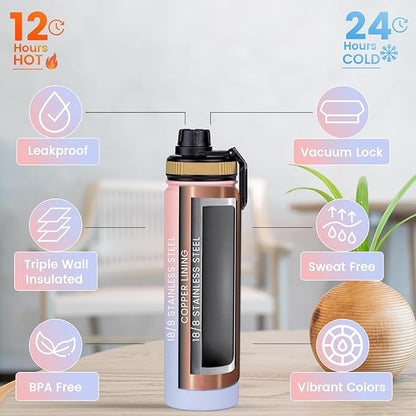 Water Bottle 22oz, Triple Walled Insulated Stainless Steel Reusable Bottle, Silicone Sleeve, Cleaning Brush, 2 Lids (Spout lid & Straw lid w/2 straw), Metal Mug Gallon, BPA Free, Pinky