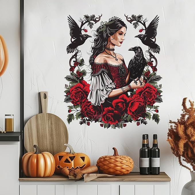 Halloween Wall Stickers Horror Witch Crow Halloween Wall Decor Self Adhesive Witch Crow Design Wall Decals Supply Halloween Stickers for Wall Window Glass Mirror Halloween Decorations Clearance