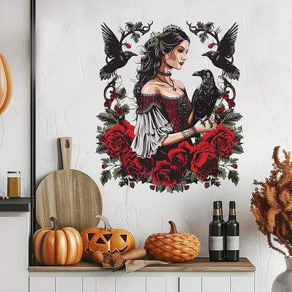 Halloween Wall Stickers Horror Witch Crow Halloween Wall Decor Self Adhesive Witch Crow Design Wall Decals Supply Halloween Stickers for Wall Window Glass Mirror Halloween Decorations Clearance
