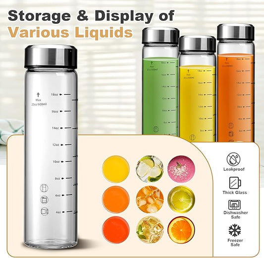 SIEROZUR Juice Bottles - 6 Pack Wide Mouth Glass Bottles with Lids - for Juicing, Smoothies, Infused Water, Beverage Storage - 20oz, BPA Free, Stainless Steel Lids, Leakproof, Reusable, Borosilicate