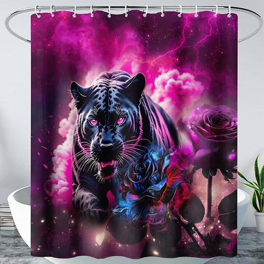 AILONEN 3D Black Panther Shower Curtain for Bathroom,Romantic Rose Smoky Leopard Printed Bath Curtain,Wildlife Cheetah Decoration Shower Curtain Waterproof 36" W*72" H