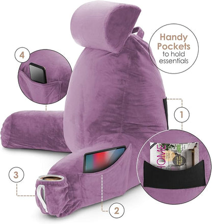 Nestl Reading Pillow Large Bed Pillow, Back Pillow for Sitting in Bed Shredded Memory Foam Chair Pillow Reading & Bed Rest Pillows Lavender Dream Back Pillow for Bed, Bed Chair Arm Pillow with Pockets