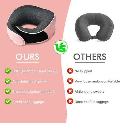 Travel Pillow,Upgraded 100% Memory Foam Neck Pillow for Traveling,Ergonomic Design Soft Best Flight Pillow,Neck Pillow Airplane Kit with 3D Contoured Eye Masks,Earplugs and Luxury Bag (Pink)