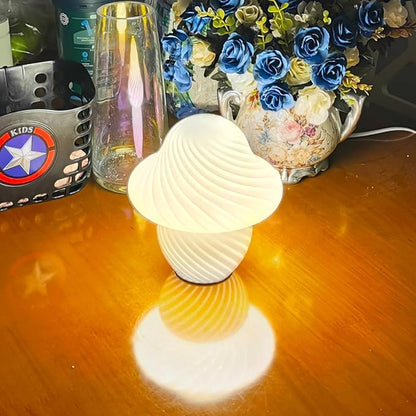 Mushroom Lamp, Small White Table Lamp with Striped Glass, Cute Little Swirl Nightstand Lamp for Bedroom Bedside Dorm Living Kitchen, Murano Style Aesthetic Kawaii Lamp for Home Decor Gift