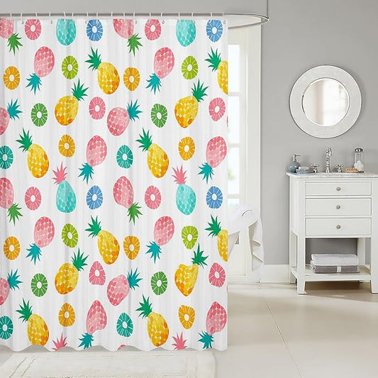 Feelyou Pineapple Shower Curtain Colorful Fruits Fabric Shower Curtain for Kids Boys Girls Tropical Pineapple Bathroom Waterproof Accessories with 12 Hooks Watercolor Curtains,72X72 Inches