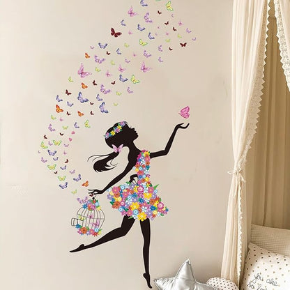 Flower Fairy Wall Decals Peel and Stick Large Princess Wall Decals for Girls Bedroom with Birdcage Pink Butterfly Wall Decor Stickers for Baby Girl Nursery Living Room Classroom (2 Sheets)