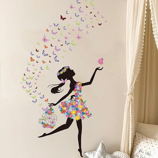 Flower Fairy Wall Decals Peel and Stick Large Princess Wall Decals for Girls Bedroom with Birdcage Pink Butterfly Wall Decor Stickers for Baby Girl Nursery Living Room Classroom (2 Sheets)