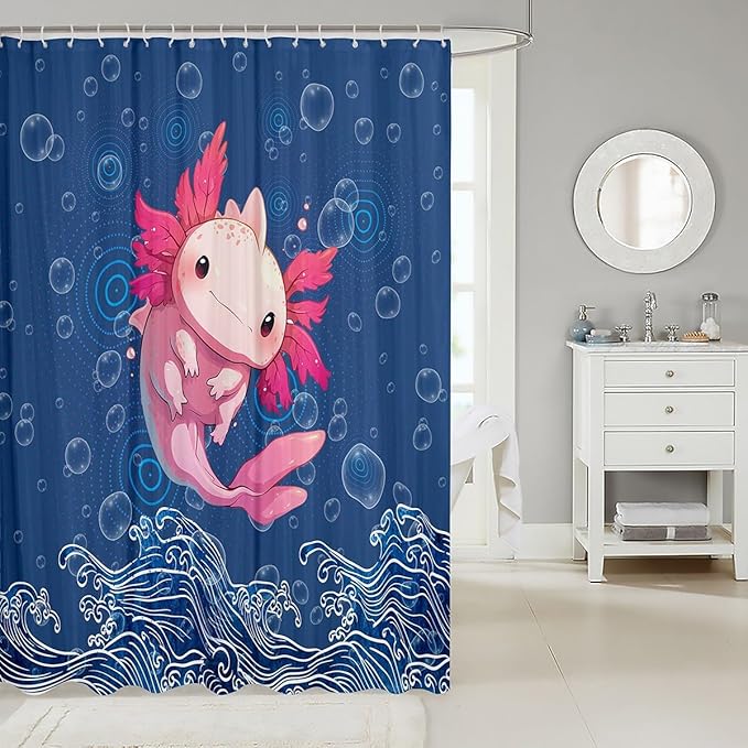Feelyou Cute Axolotl Fabric Shower Curtain Cartoon Salamander Shower Curtain for Kids Blue Ocean Bathroom Waterproof Accessories with 12 Hooks Sea Animals Curtains,72X84 Inches