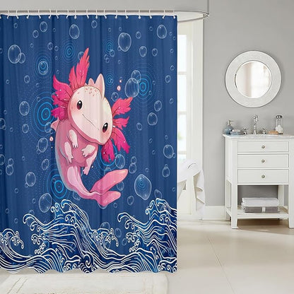Feelyou Cute Axolotl Fabric Shower Curtain Cartoon Salamander Shower Curtain for Kids Blue Ocean Bathroom Waterproof Accessories with 12 Hooks Sea Animals Curtains,72X84 Inches