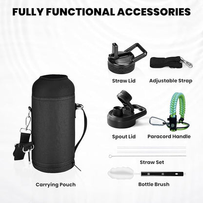 Insulated Water Bottle 32 oz, Triple Wall Vacuum Stainless Steel (Cold for 48 Hrs), Leak Proof & Non-BPA, Modern Water Flask Jug with Paracord Handle & Straw Spout Lids, Ombre Green