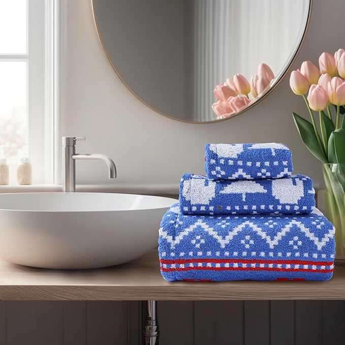 Luxury Blue Christmas Snowman Bath Towel Sets for Boy Girl Gift , 1 Bath Towels 1 Hand Towels 1 Washcloths 100% Cotton Ultra Soft Fluffy Highly Absorbent Double Sided Pattern Towel for Face Body