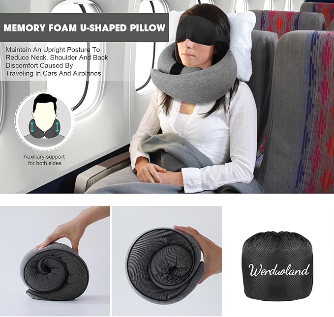 Travel Pillow, Neck Pillow Travel, Memory Foam Neck Pillow Travel Neck Pillow for Traveling, Neck Support Travel Pillows for Long Flights, Neck Travel Pillows for Airplanes, Pink