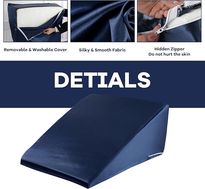 HOMBYS Satin Bed Wedge Pillow Cover Silky & Smooth Wedge Pillowcase 1 Pack 24x24x10, Soft & Breathable, Removable & Machine Washable-Zipper Design (Pillow Not Include),Navy Blue