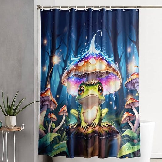AILONEN Cartoon Frog Shower Curtain,Magic Mushroom Waterproof Fabric Bath Curtain for Kids Girls,Boho Style Tropical Amphibian Shower Curtain Set for Bathroom, 60" W*72" H