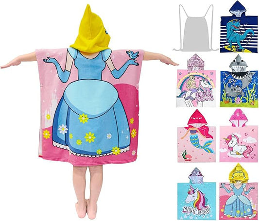 Hooded Kids Beach Towels - Toddler Bath Towel Girls Boys Swim Cover-ups for Ages 4 to 10 Kids Pool Towels Quick Dry Lightweight Soft Microfiber Poncho 30x30 (Princess Dress Blue)