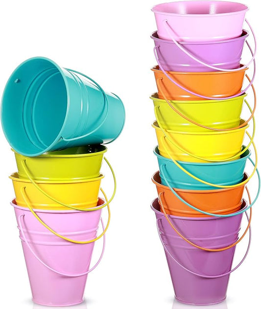 Sadnyy 12 Pack Metal Buckets with Handle, Galvanized Bucket 4.5 x 5 Inch Basket Bucket for Kids, Kids Party Supplies, Crafts for Christmas Halloween Christmas Candy Bars Vase Crafts(Multicolored)